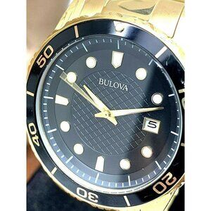 Bulova Men's Watch 98B375 Quartz Black Dial Date Gold Stainless Steel 43…
